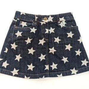 Mini Boden Blue Denim Star Print Adjustable Waist Skirt Heart Pockets Size 7-8